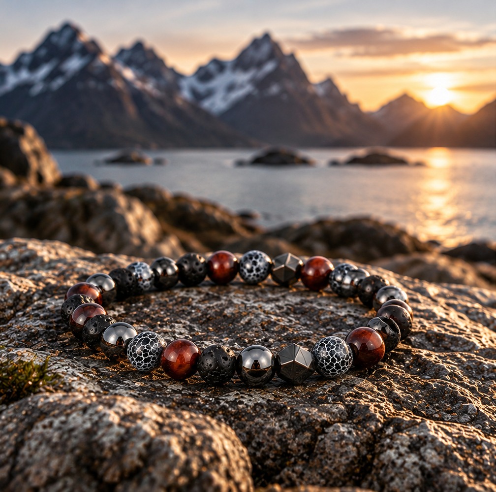 Norvik99 armband van natuursteen en staal op rotsen in een Noords fjordlandschap